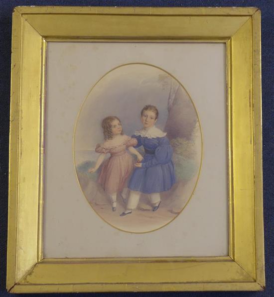 Early Victorian School Portrait of a brother and sister oval, 10 x 7.5in.